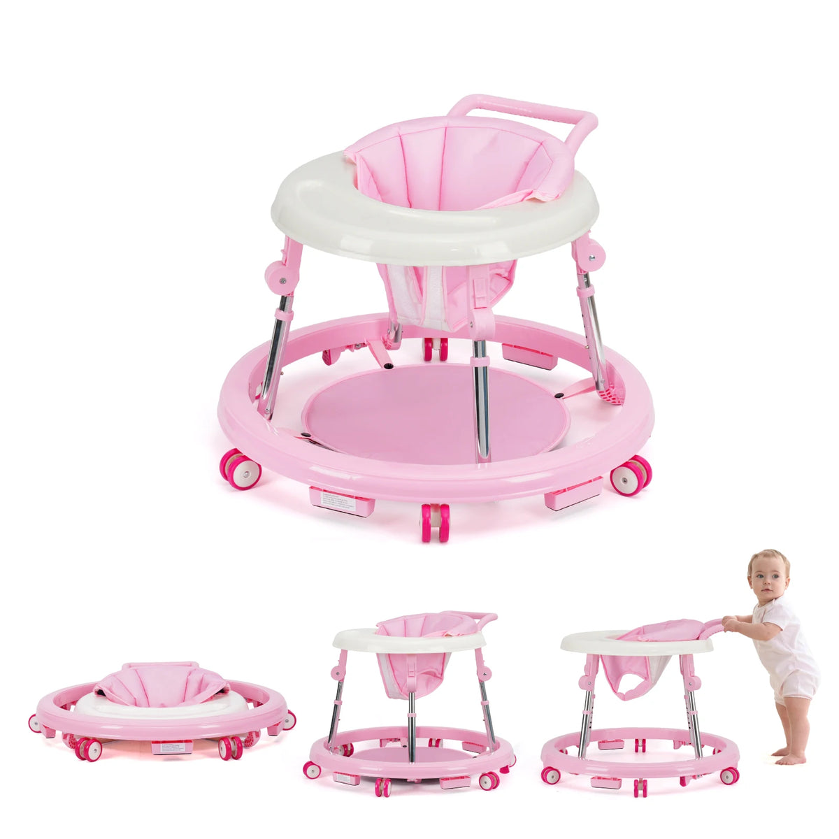 Kmaier Baby Walker, Walker for Babies, Anti‑Rollover Foldable 2‑in‑1 Infant Activity Walker with Rear Push Handle, Multi‑Height Adjustable Metal Support Legs, Removable Washable Seat & Anti‑Slip Wide Safety Base for