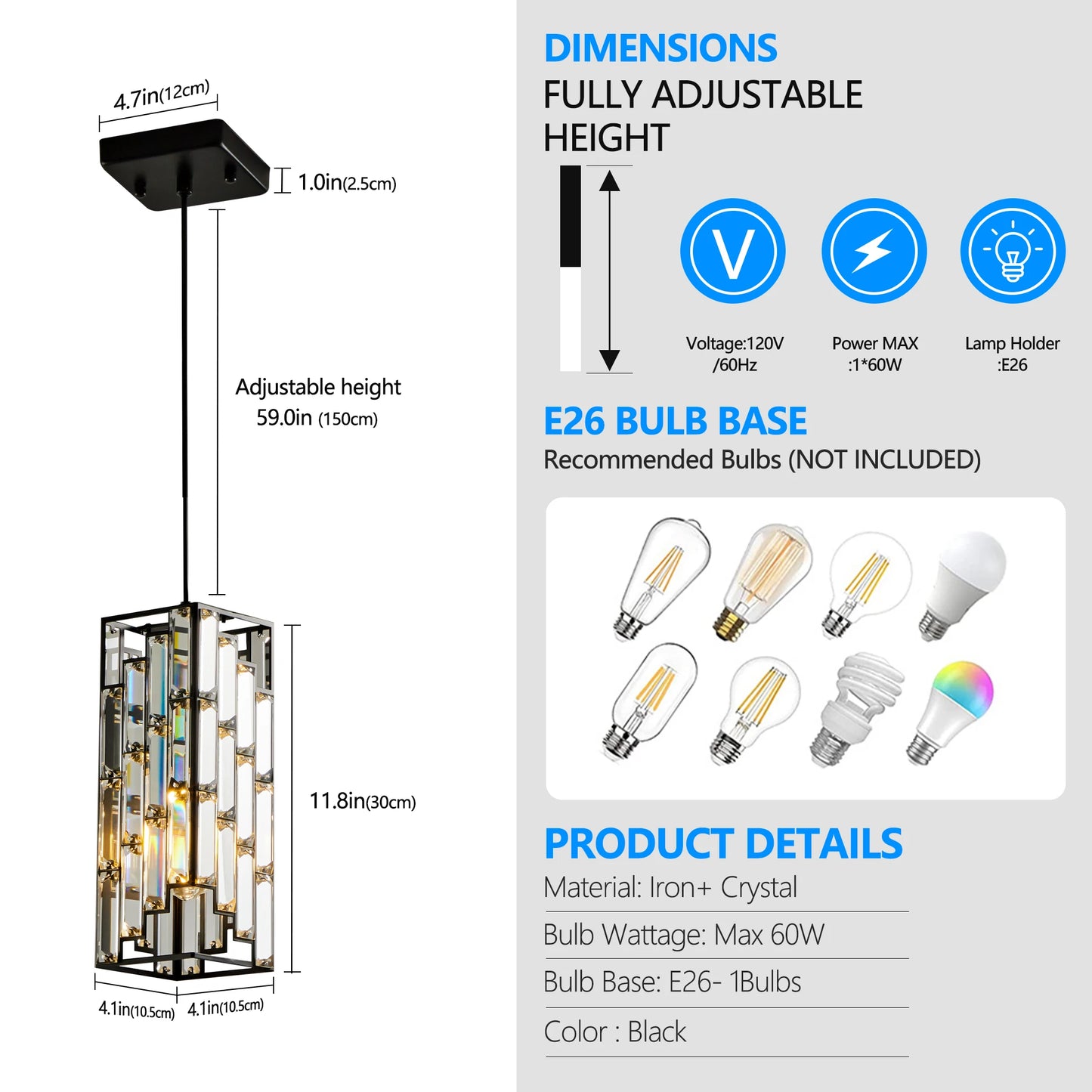 ARLGSITE Modern Luxury Crystal Pendant Light - 3 Pack, Adjustable Hanging Ceiling Lamp with Crystal Prism Design -Black Finish