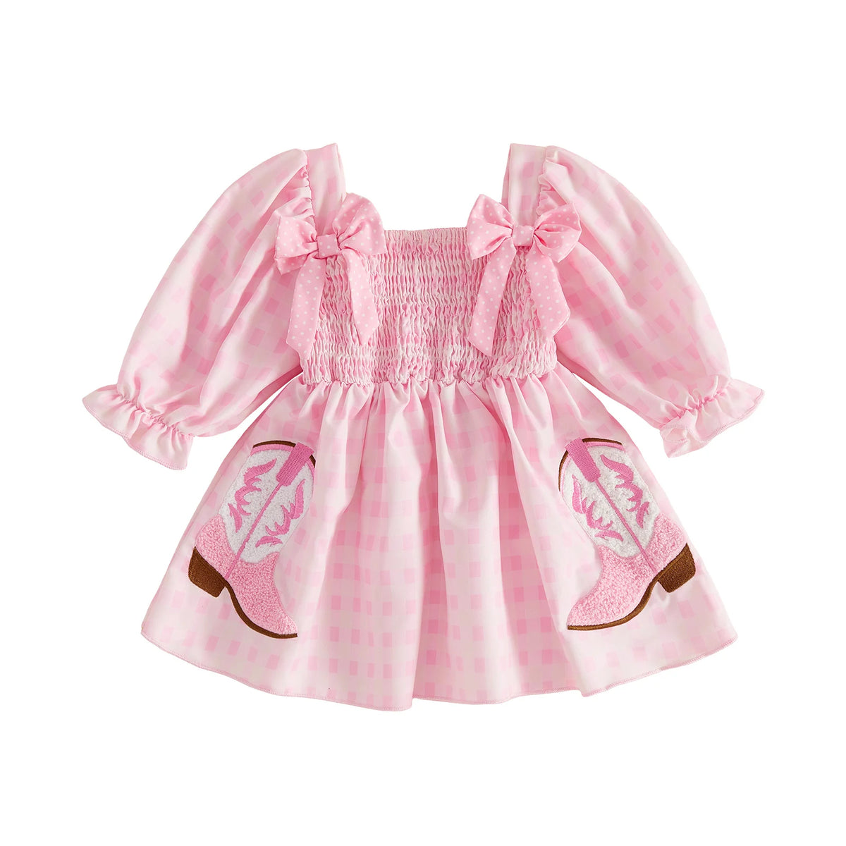 Line With Dress Bow-Decor Long Sleeve Square Long Little-Girl-Plaid Dress Long Plaid Little Girl Plaid