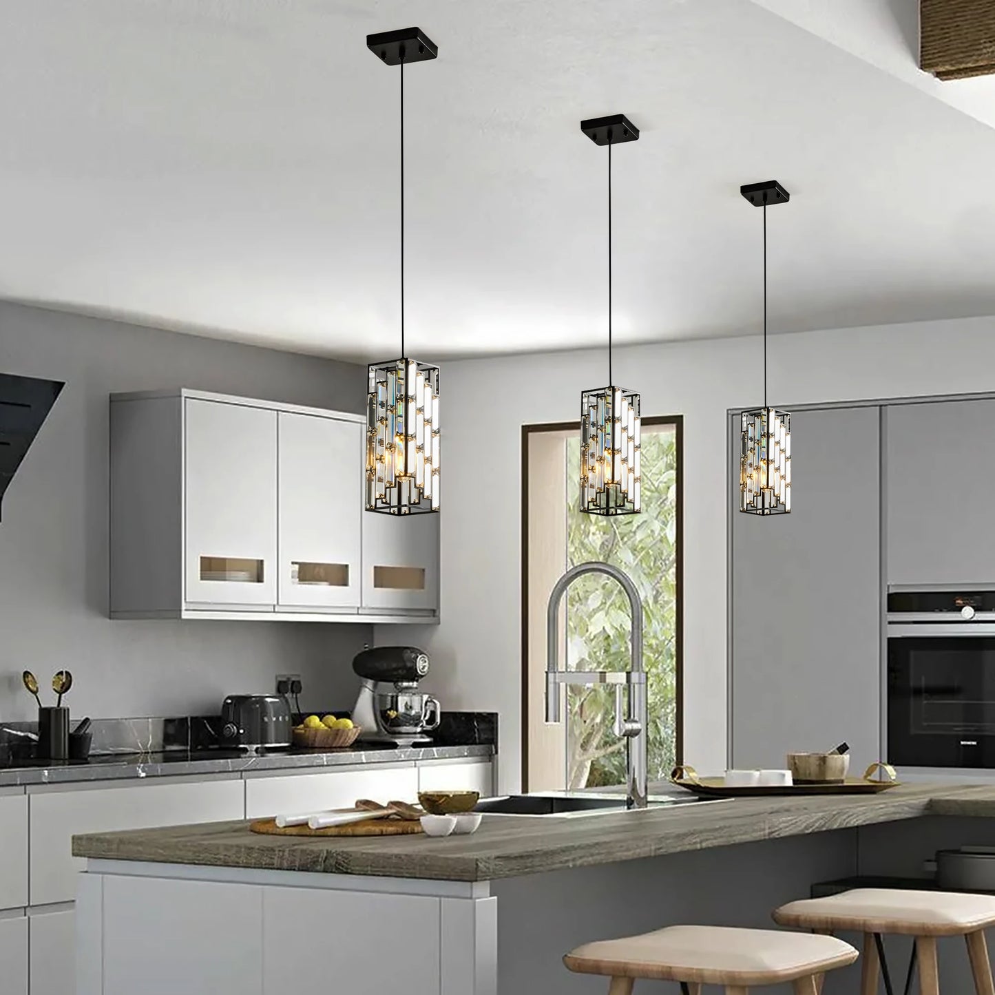 ARLGSITE Modern Luxury Crystal Pendant Light - 3 Pack, Adjustable Hanging Ceiling Lamp with Crystal Prism Design -Black Finish