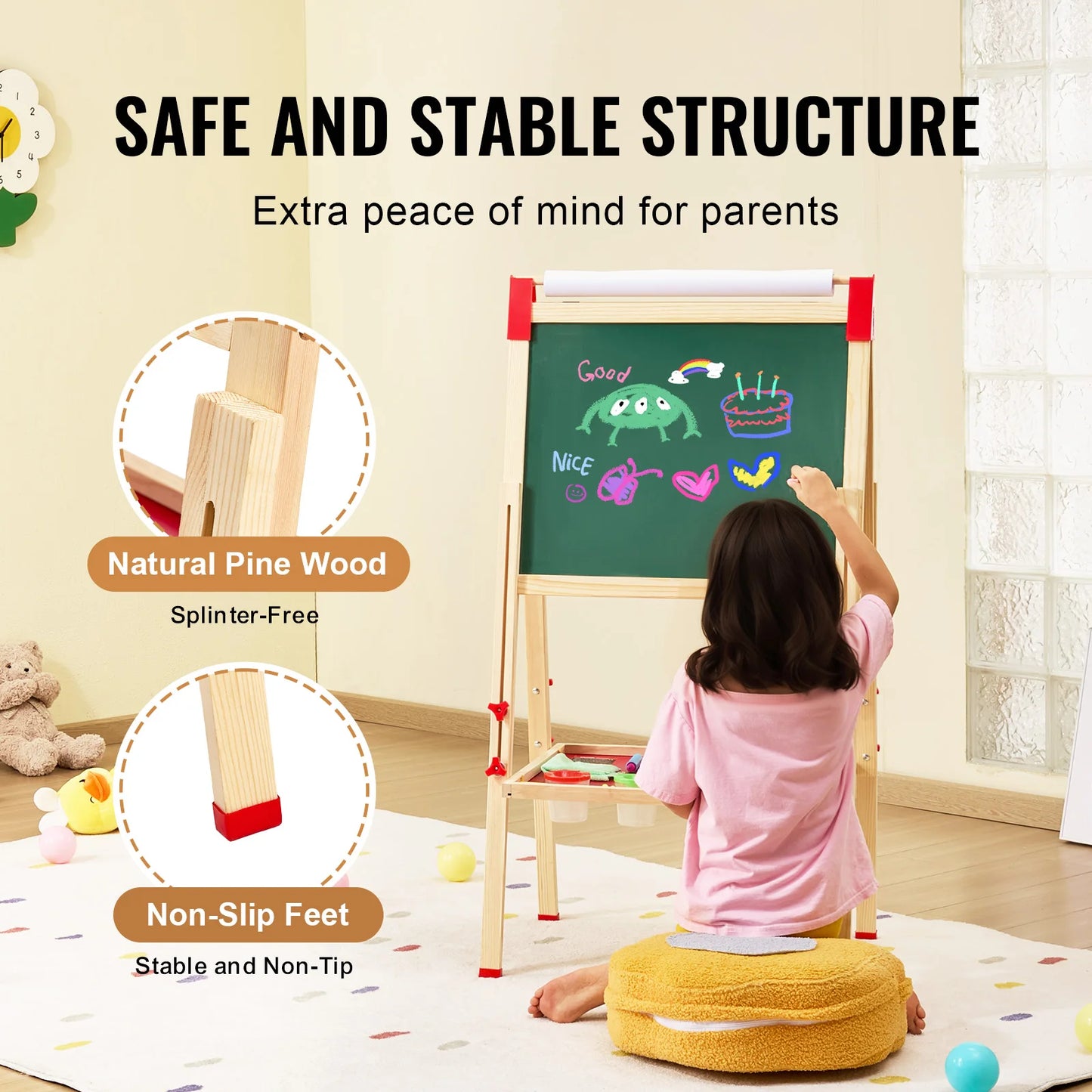 SucceBuy Children Magnetic Drawing Board Wooden Double-Sided Kid's Art Easel with Whiteboard Chalkboard for Girls Gifts Toys