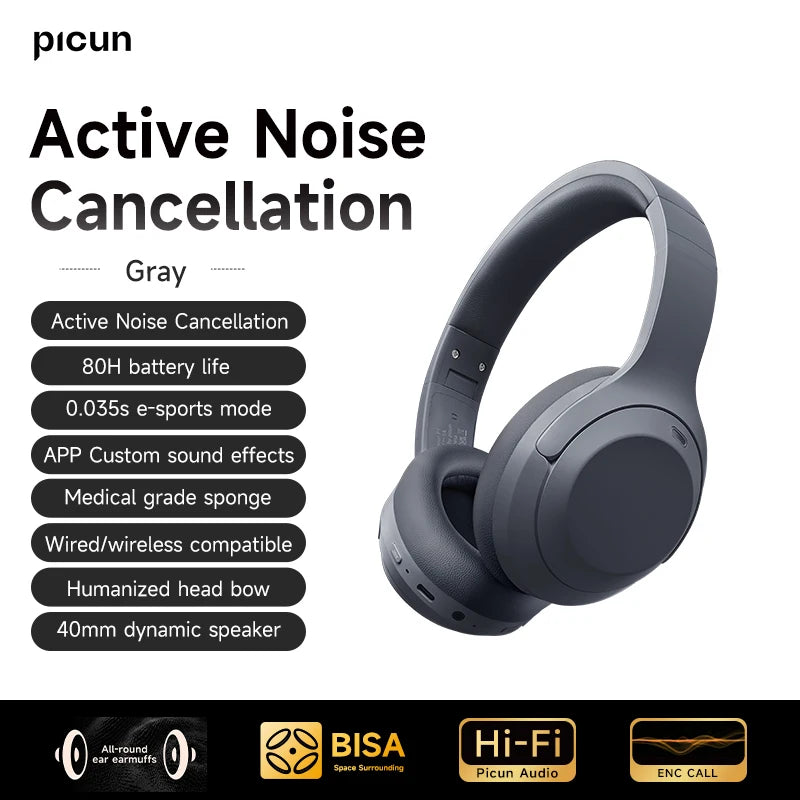 Picun F1 ANC Wireless Bluetooth 5.4 Hi-FI Audio Headphones 43dB Adaptive Noise Cancelling Headsets 40mm Driver 80H Playtime APP