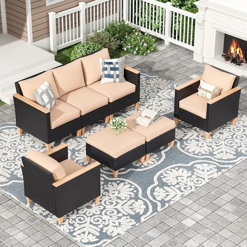 Outdoor Furniture Set, 7 Piece Patio Conversation Set with Cushions, PE Outdoor Wicker Conversation Set Sectional Patio Sofa