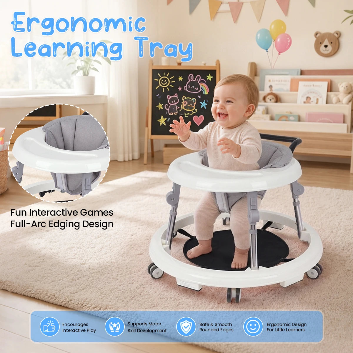Kmaier Baby Walker, Walker for Babies, Anti‑Rollover Foldable 2‑in‑1 Infant Activity Walker with Rear Push Handle, Multi‑Height Adjustable Metal Support Legs, Removable Washable Seat & Anti‑Slip Wide Safety Base for