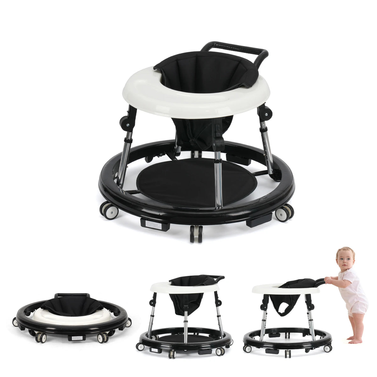 Kmaier Baby Walker, Walker for Babies, Anti‑Rollover Foldable 2‑in‑1 Infant Activity Walker with Rear Push Handle, Multi‑Height Adjustable Metal Support Legs, Removable Washable Seat & Anti‑Slip Wide Safety Base for