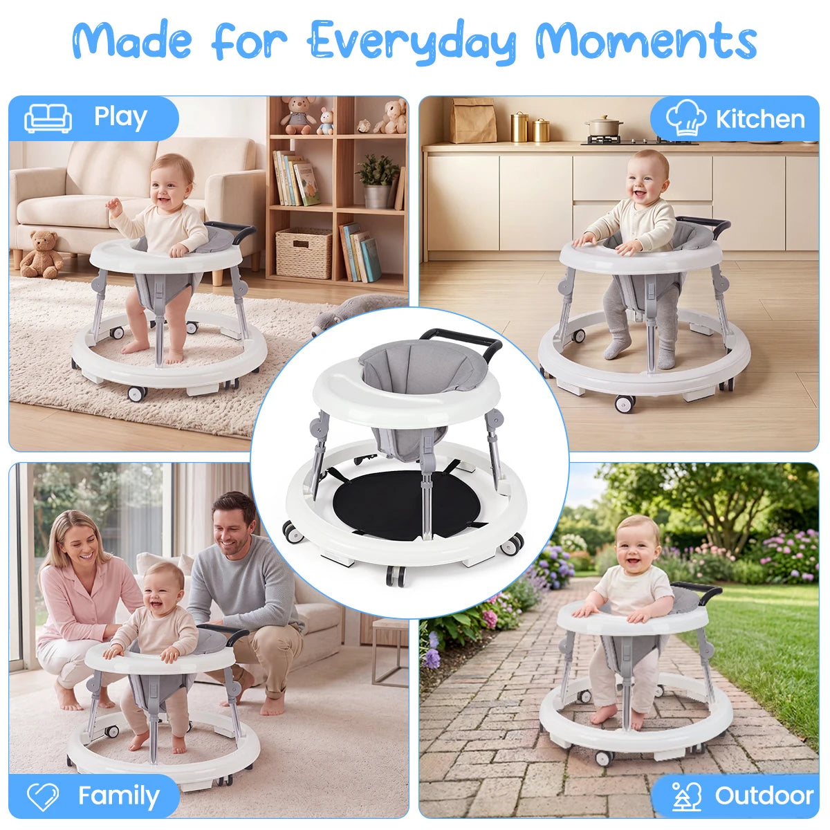 Kmaier Baby Walker, Walker for Babies, Anti‑Rollover Foldable 2‑in‑1 Infant Activity Walker with Rear Push Handle, Multi‑Height Adjustable Metal Support Legs, Removable Washable Seat & Anti‑Slip Wide Safety Base for
