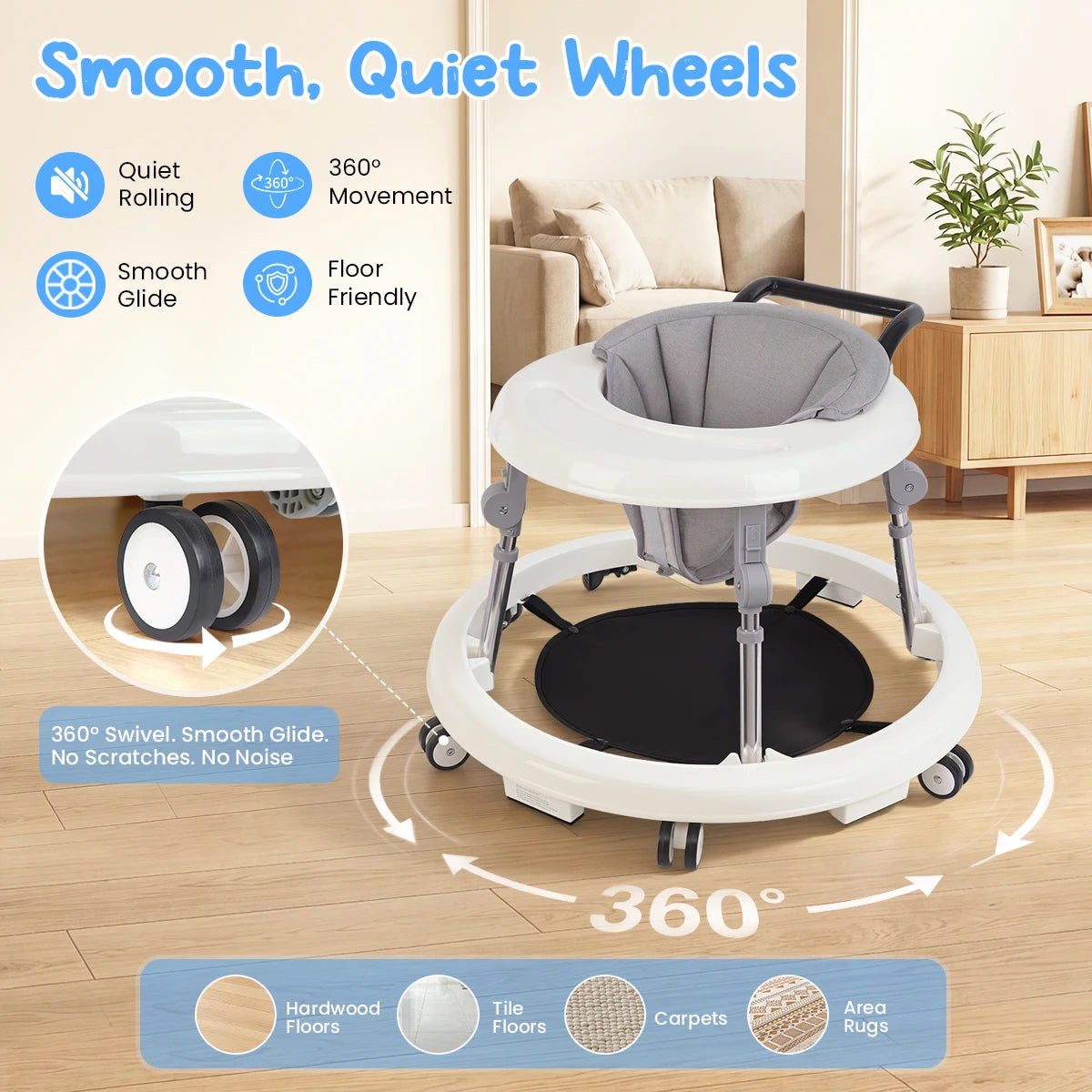 Kmaier Baby Walker, Walker for Babies, Anti‑Rollover Foldable 2‑in‑1 Infant Activity Walker with Rear Push Handle, Multi‑Height Adjustable Metal Support Legs, Removable Washable Seat & Anti‑Slip Wide Safety Base for