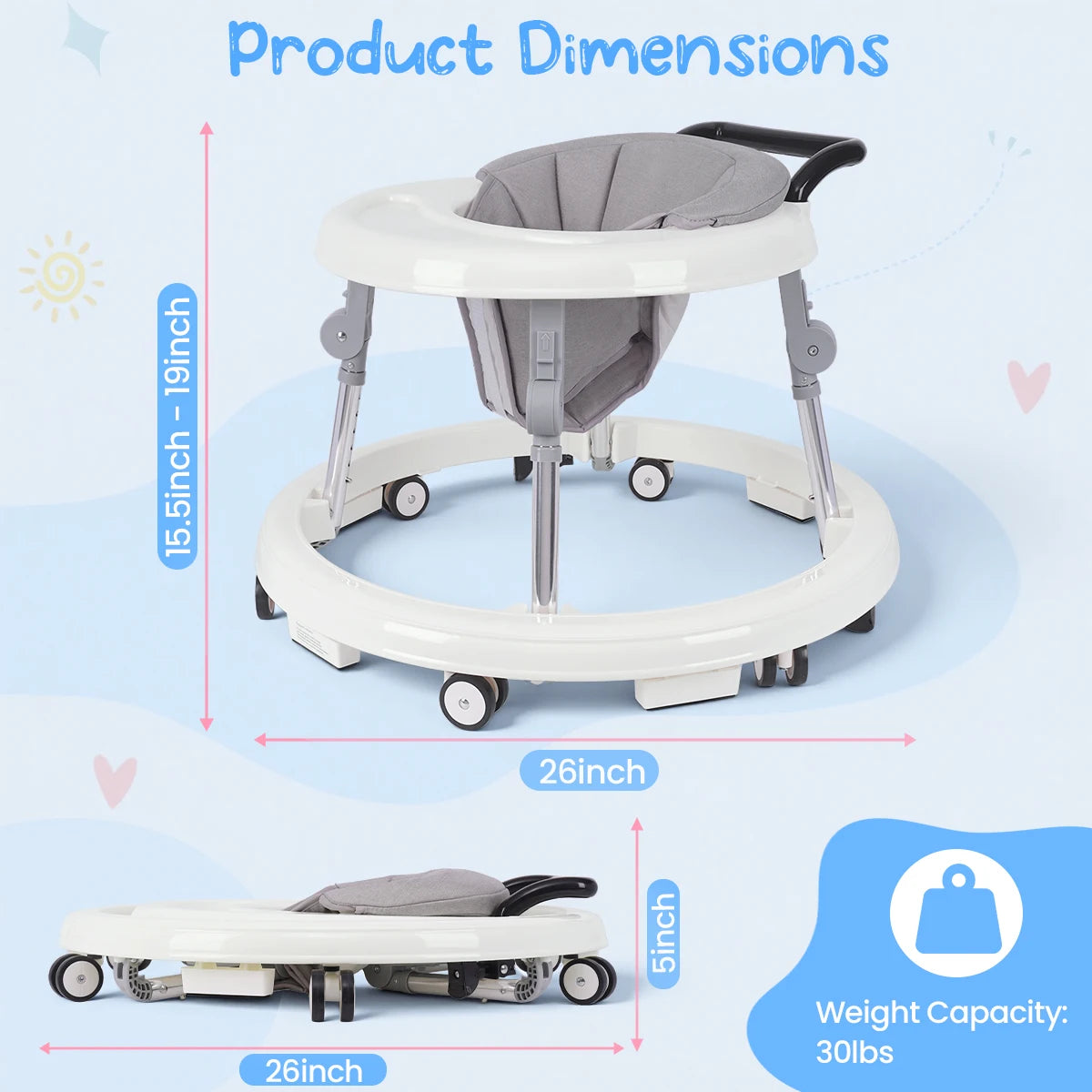 Kmaier Baby Walker, Walker for Babies, Anti‑Rollover Foldable 2‑in‑1 Infant Activity Walker with Rear Push Handle, Multi‑Height Adjustable Metal Support Legs, Removable Washable Seat & Anti‑Slip Wide Safety Base for