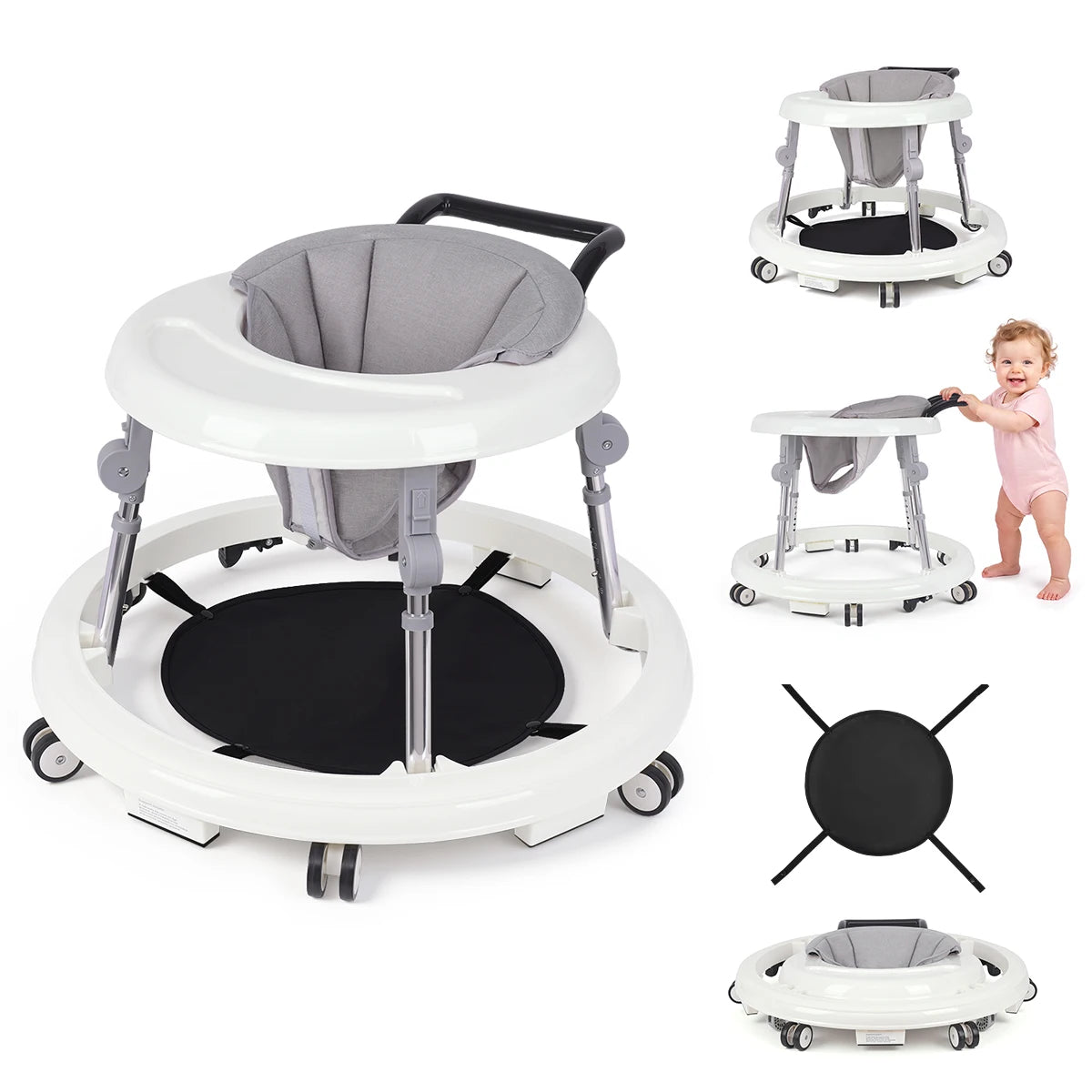 Kmaier Baby Walker, Walker for Babies, Anti‑Rollover Foldable 2‑in‑1 Infant Activity Walker with Rear Push Handle, Multi‑Height Adjustable Metal Support Legs, Removable Washable Seat & Anti‑Slip Wide Safety Base for