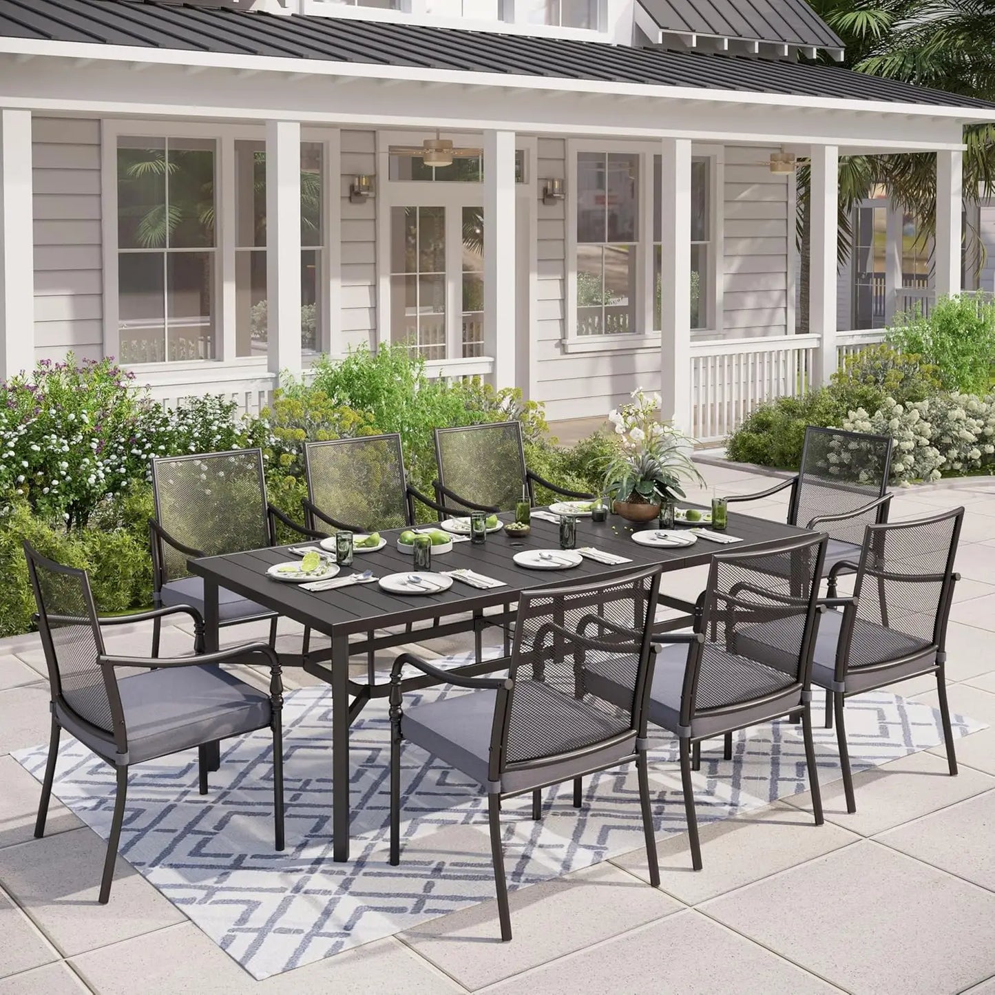 Patio Table and Chairs Set, 9 Pieces Patio Dining Set with 8 Textilene Chairs, and 83" Rectangular Outdoor Dining, Customized
