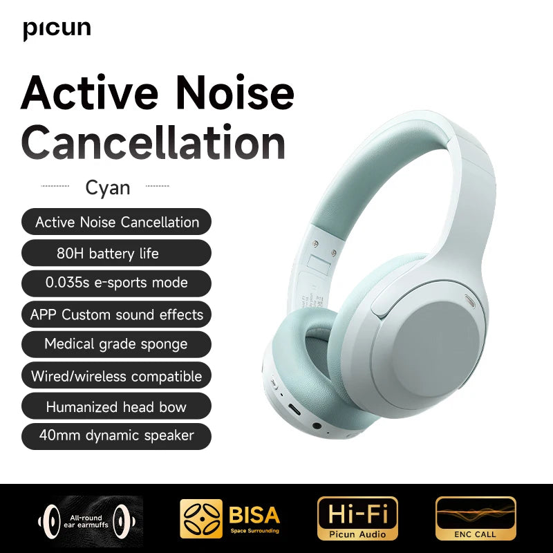 Picun F1 ANC Wireless Bluetooth 5.4 Hi-FI Audio Headphones 43dB Adaptive Noise Cancelling Headsets 40mm Driver 80H Playtime APP