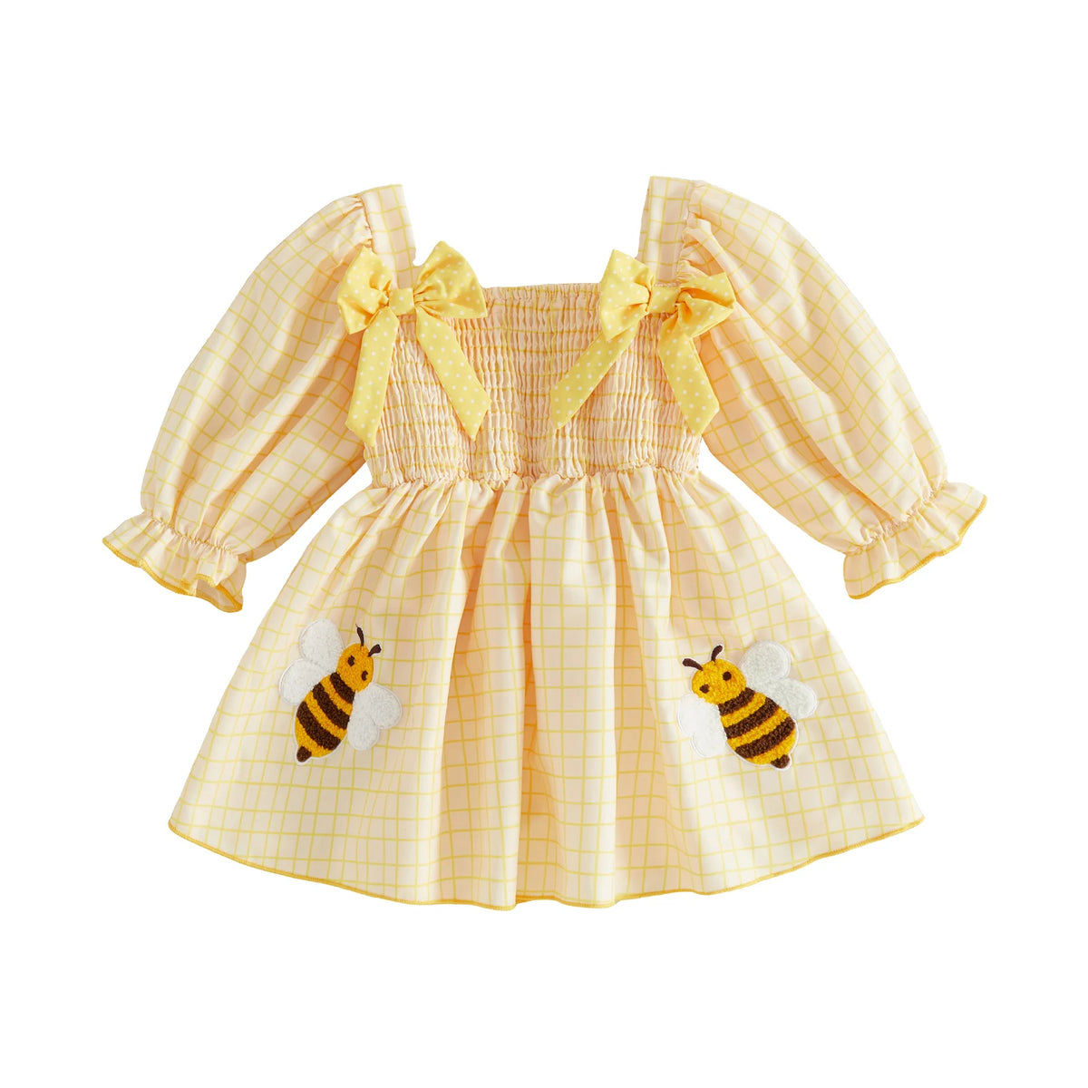 Line With Dress Bow-Decor Long Sleeve Square Long Little-Girl-Plaid Dress Long Plaid Little Girl Plaid