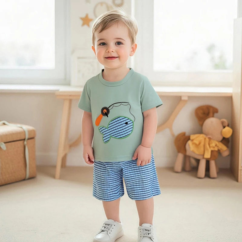Boys Summer Outfit Set with Short Sleeve Fish Embroidery Top and Striped Shorts O Neck Design for Comfort