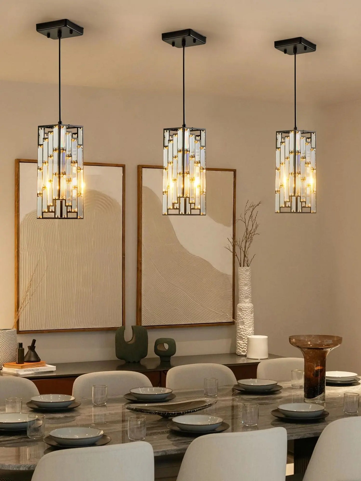 ARLGSITE Modern Luxury Crystal Pendant Light - 3 Pack, Adjustable Hanging Ceiling Lamp with Crystal Prism Design -Black Finish