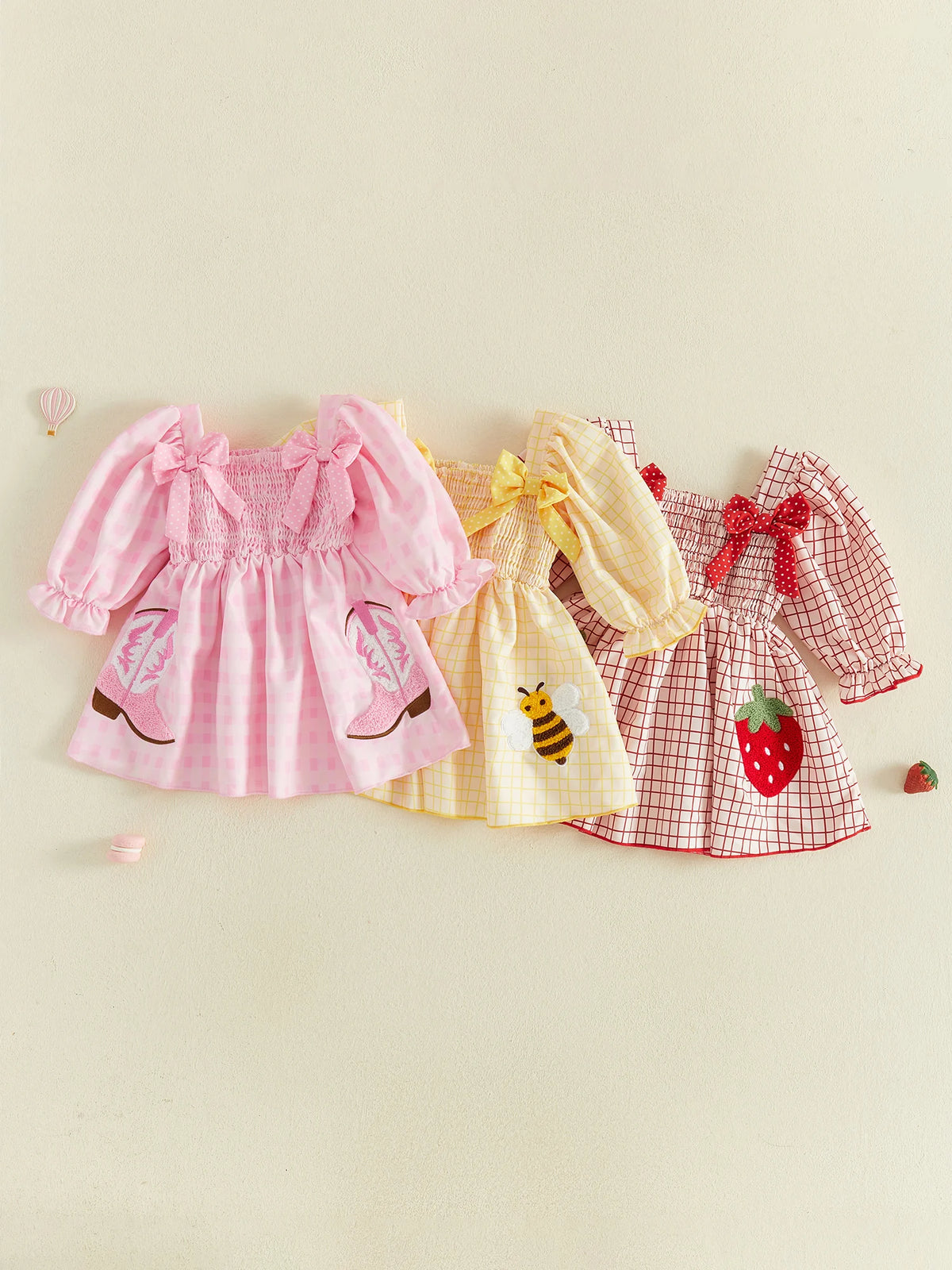 Line With Dress Bow-Decor Long Sleeve Square Long Little-Girl-Plaid Dress Long Plaid Little Girl Plaid