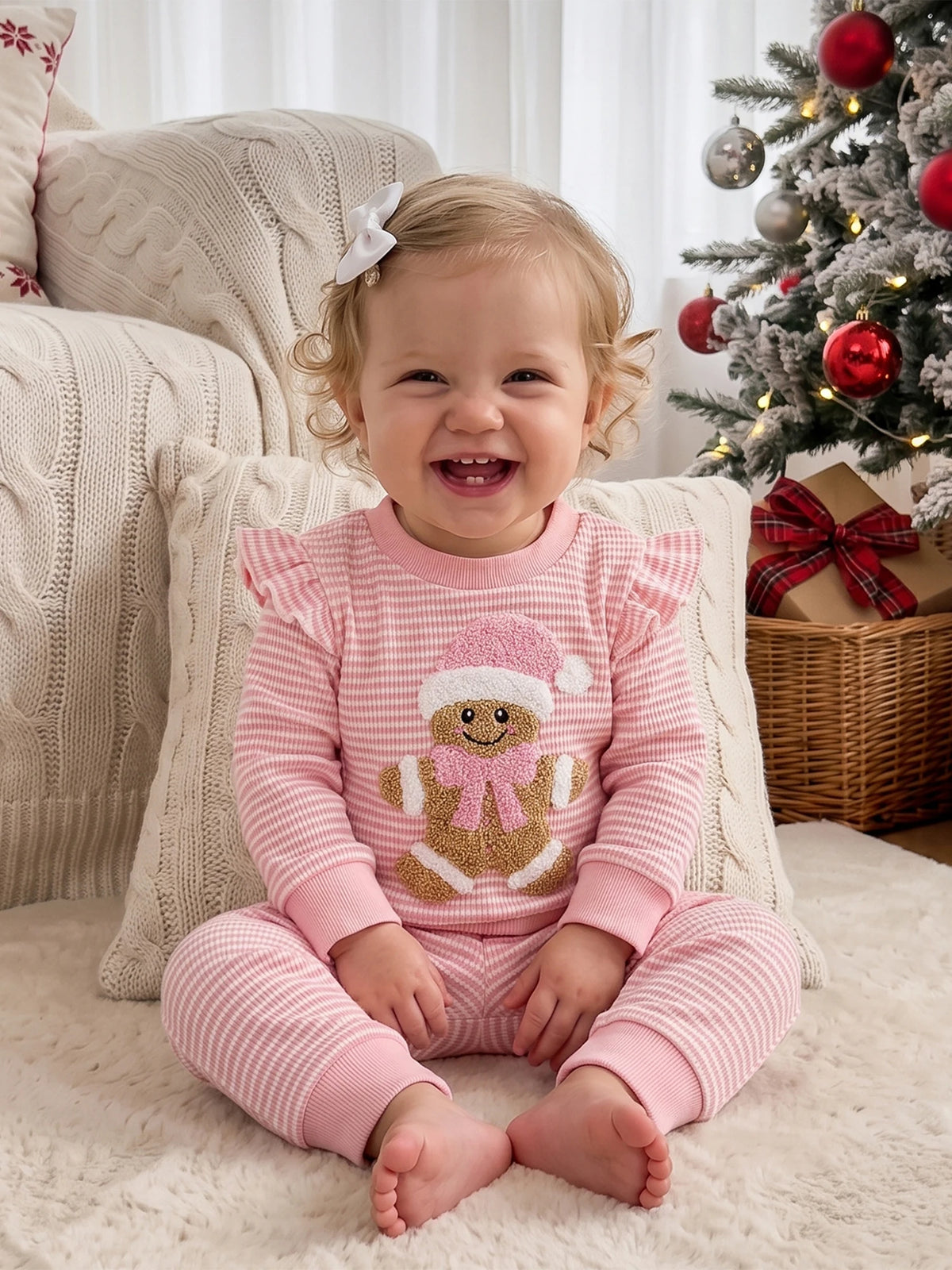 Outfits Sleeve Pullover Pants Pullover Sleeve Gingerbread Girl Christmas Outfits Embroidery Striped Pullover