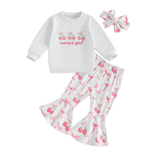 Toddler Girls Adorable Clothing Set with Cherry Embroidery Sweatshirt Bow Print Flared Pants and Matching Headband - 3 Piece