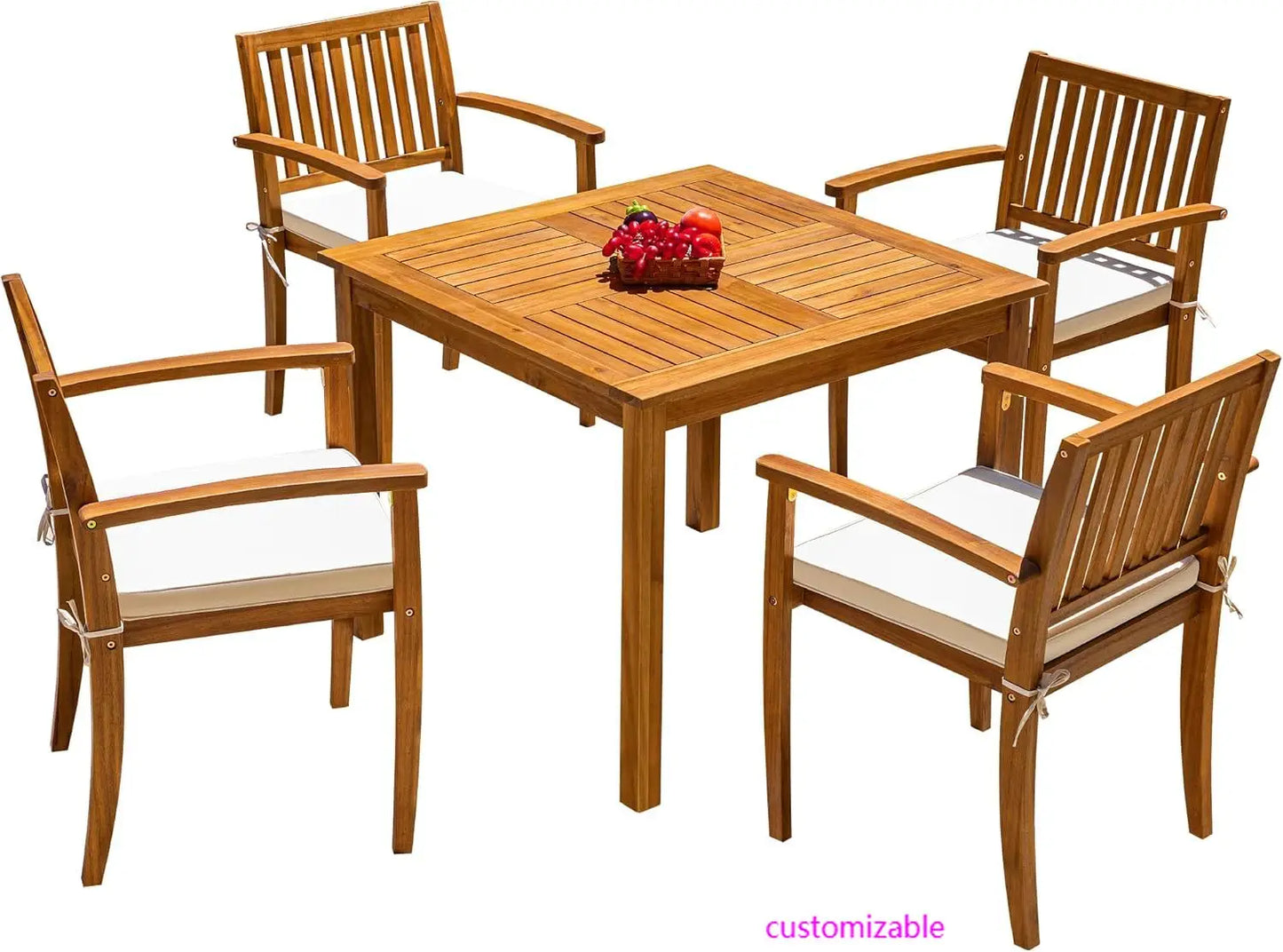 5 Piece Outdoor Dining Set Acacia Wood Patio Table and Chairs with Soft Cushions Patio Furniture for Deck, Backyard, Garden