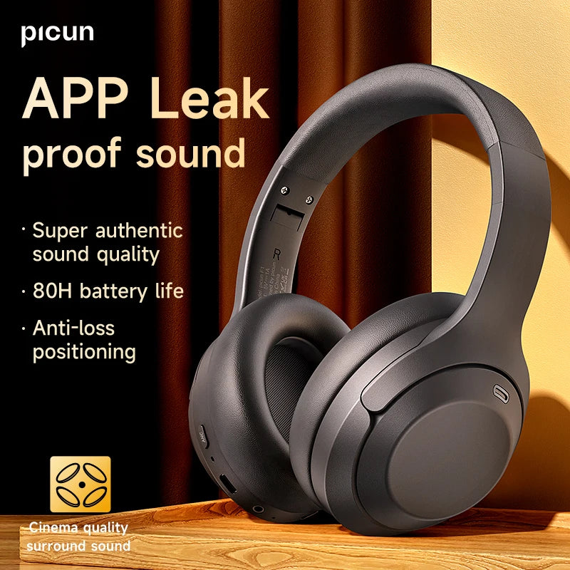 Picun F1 ANC Wireless Bluetooth 5.4 Hi-FI Audio Headphones 43dB Adaptive Noise Cancelling Headsets 40mm Driver 80H Playtime APP