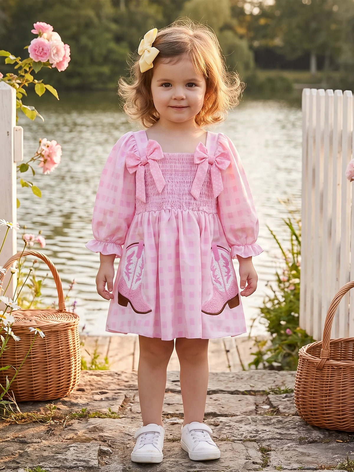 Line With Dress Bow-Decor Long Sleeve Square Long Little-Girl-Plaid Dress Long Plaid Little Girl Plaid