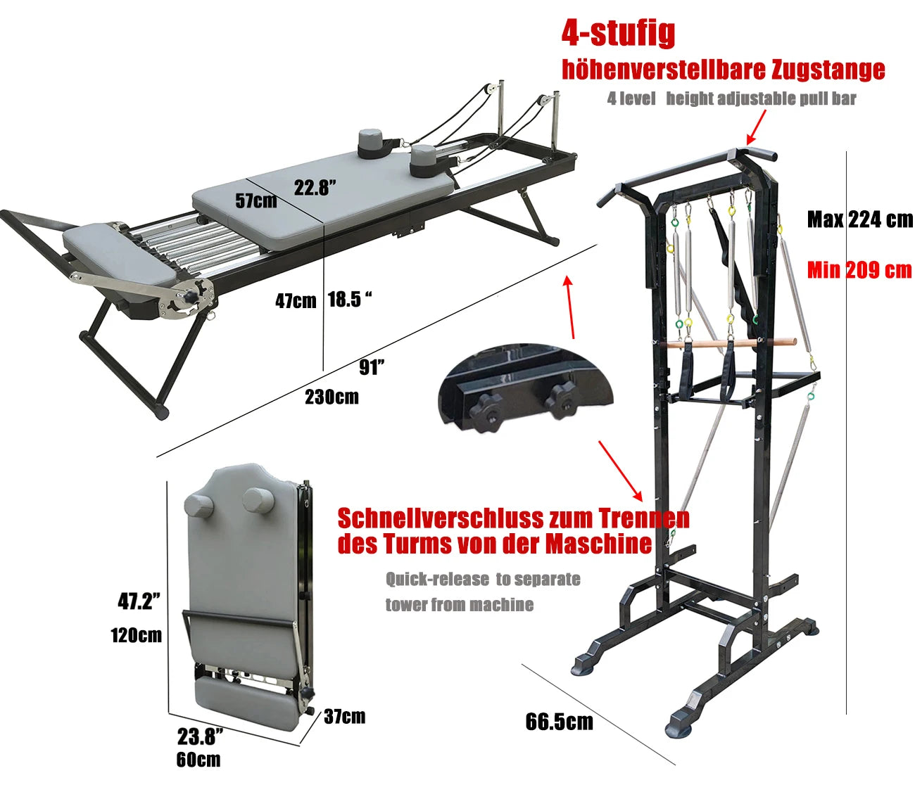 Pilates Reformer Machine with Tower for Home, Foldable Pilates Equipment