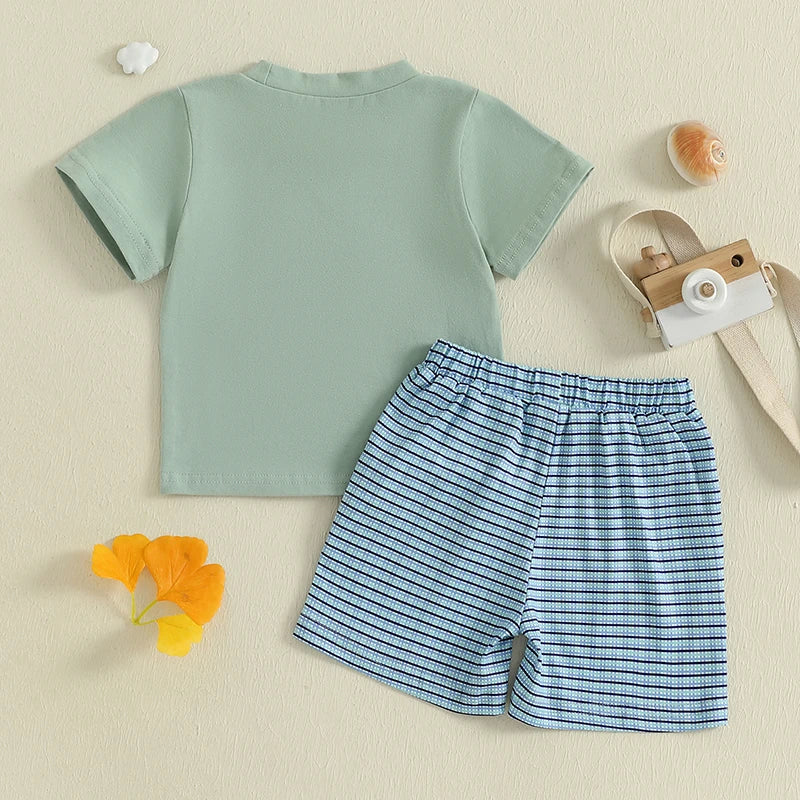 Boys Summer Outfit Set with Short Sleeve Fish Embroidery Top and Striped Shorts O Neck Design for Comfort