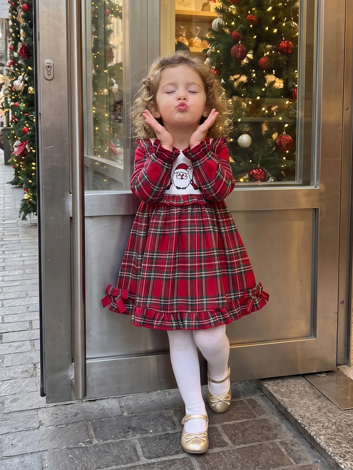 Print-Loose-Ruffle Girl Christmas Christmas Print Loose Plaid Print Loose Sleeve Plaid Girl-Christmas-Dress Durable