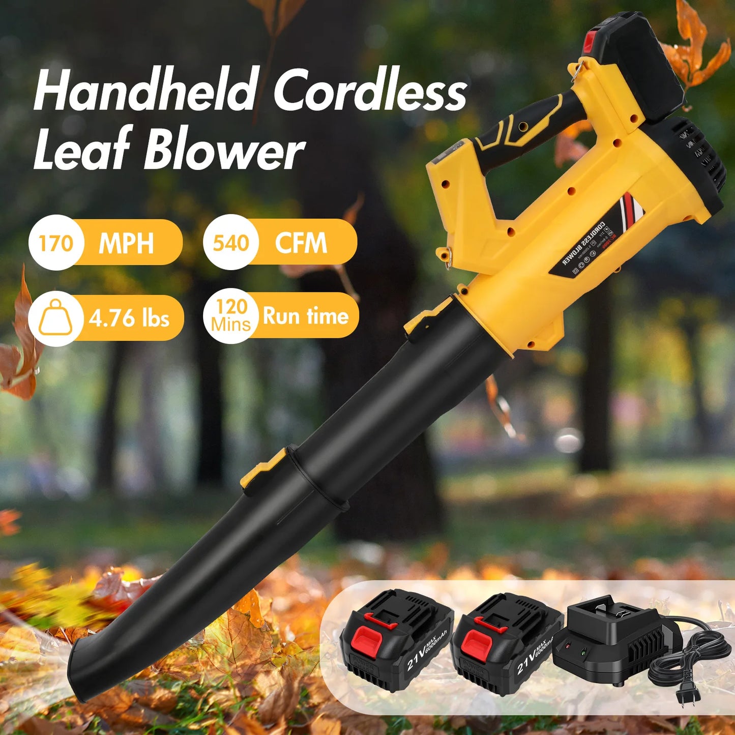 Cordless Leaf Blower Cleaner Electric Handheld 21V with 2 x 6.0Ah Batteries Fast Charger 170MPH 21000r/min 6-Speed for Lawn Care