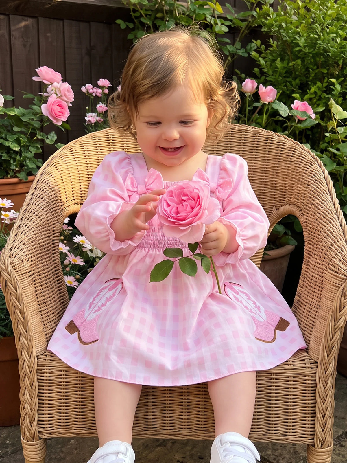 Line With Dress Bow-Decor Long Sleeve Square Long Little-Girl-Plaid Dress Long Plaid Little Girl Plaid