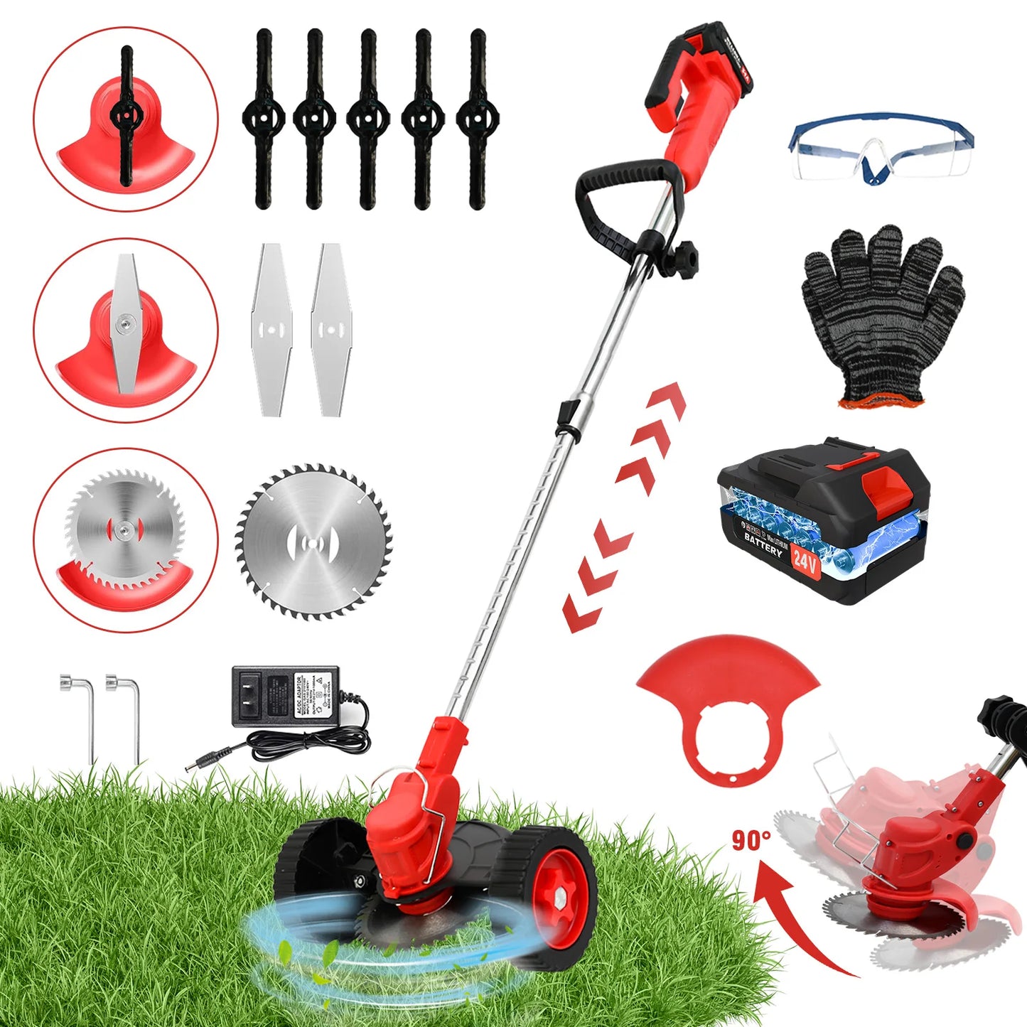 21V Cordless Weed Wacker Electric Grass Trimmer 3-in-1 Brush with Wheels 24V Lithium-ion Edger and Trimmer for Lawn and Garden
