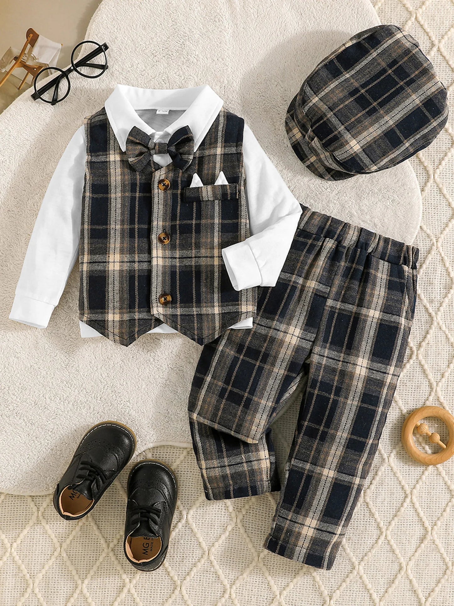 4Pcs Baby Boy Formal Wear Set with Long Sleeve Lapel Neck Shirt Plaid Button Down Vest Pants and Hat - Gentleman Outfit with