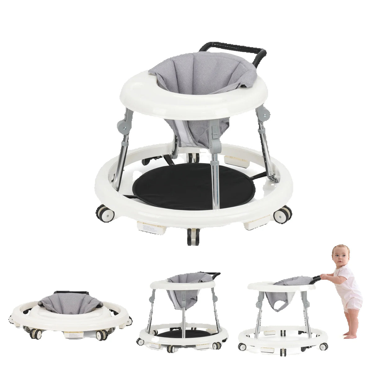 Kmaier Baby Walker, Walker for Babies, Anti‑Rollover Foldable 2‑in‑1 Infant Activity Walker with Rear Push Handle, Multi‑Height Adjustable Metal Support Legs, Removable Washable Seat & Anti‑Slip Wide Safety Base for