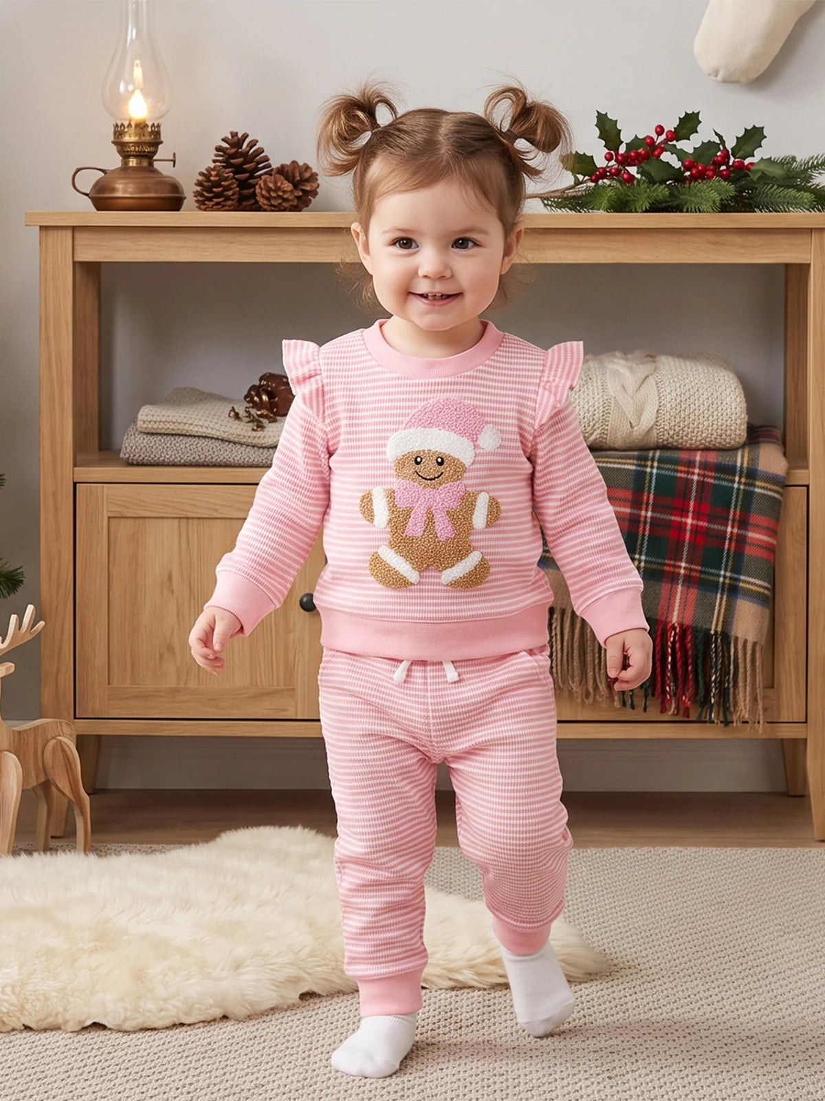 Outfits Sleeve Pullover Pants Pullover Sleeve Gingerbread Girl Christmas Outfits Embroidery Striped Pullover
