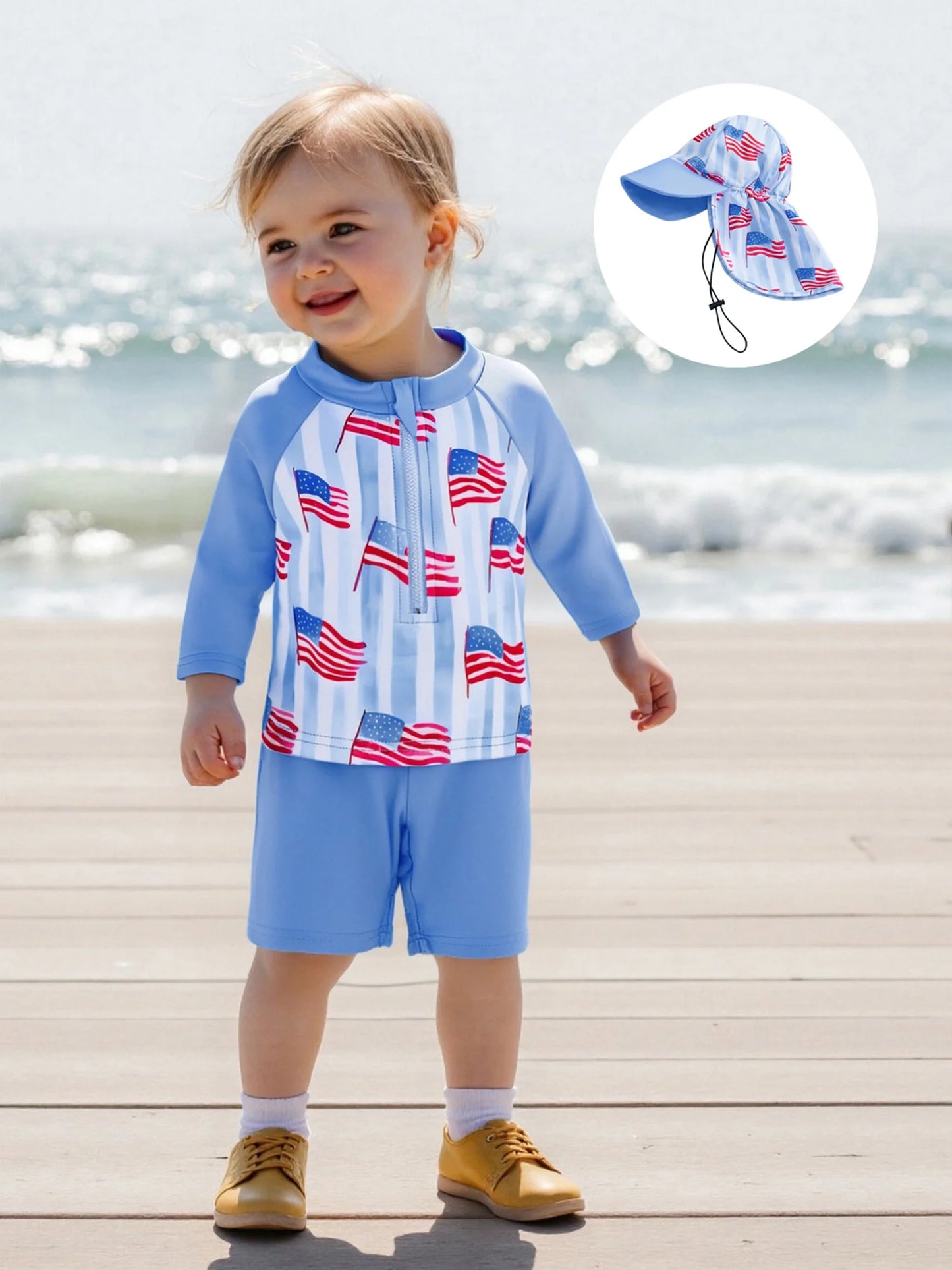Toddler Boys American Flag Swimwear Set with Rash Guard Swim Trunks and Sun Hat for Patriotic Beach Days