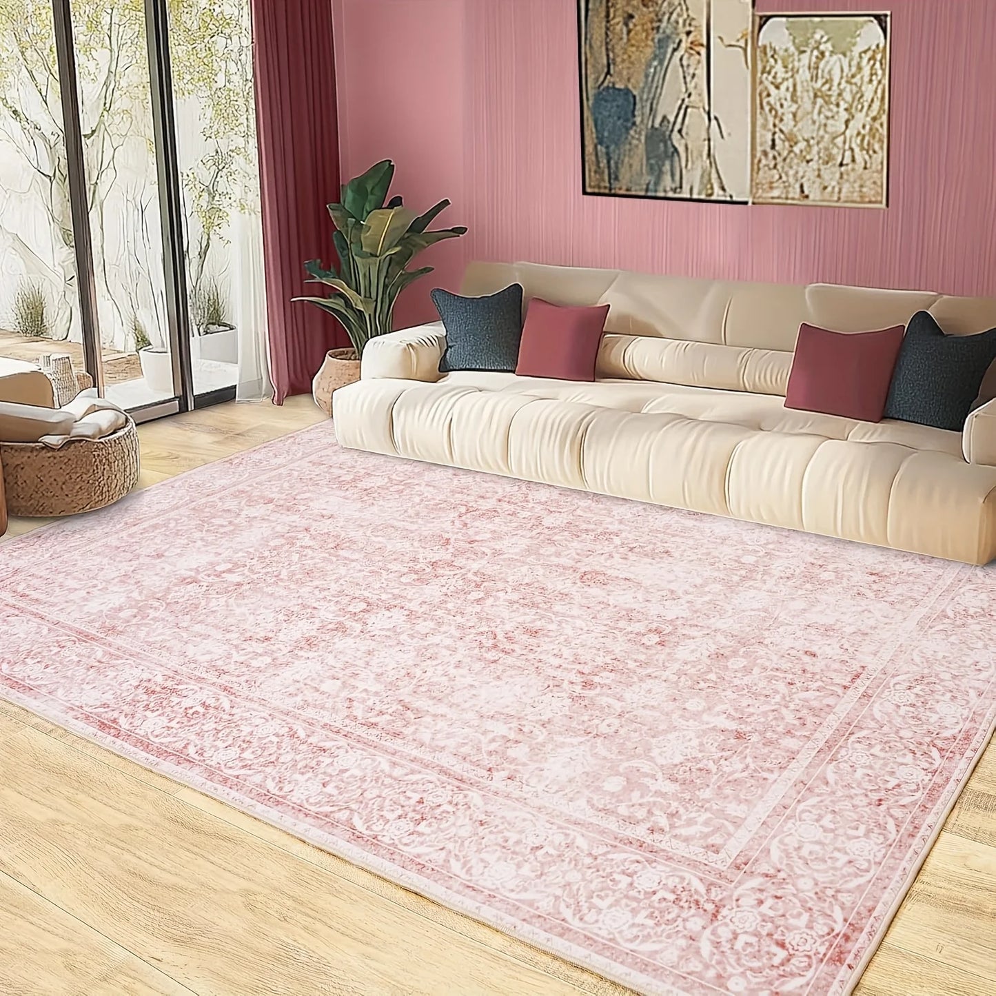 Gnizama pink floral full wall living room large area rug, washable vintage floral living room rug, bedroom large area rug