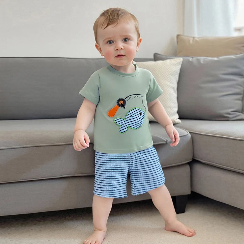Boys Summer Outfit Set with Short Sleeve Fish Embroidery Top and Striped Shorts O Neck Design for Comfort