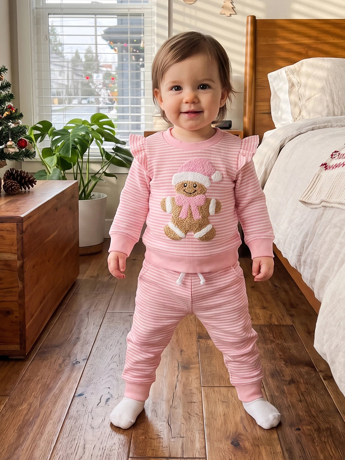 Outfits Sleeve Pullover Pants Pullover Sleeve Gingerbread Girl Christmas Outfits Embroidery Striped Pullover