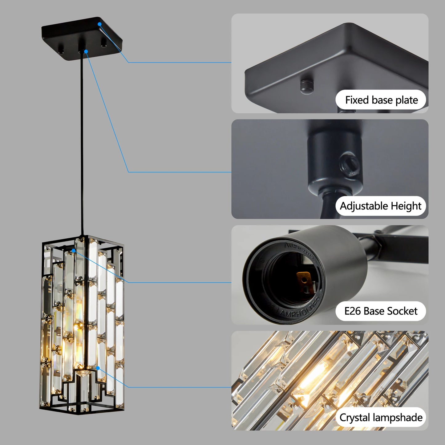 ARLGSITE Modern Luxury Crystal Pendant Light - 3 Pack, Adjustable Hanging Ceiling Lamp with Crystal Prism Design -Black Finish