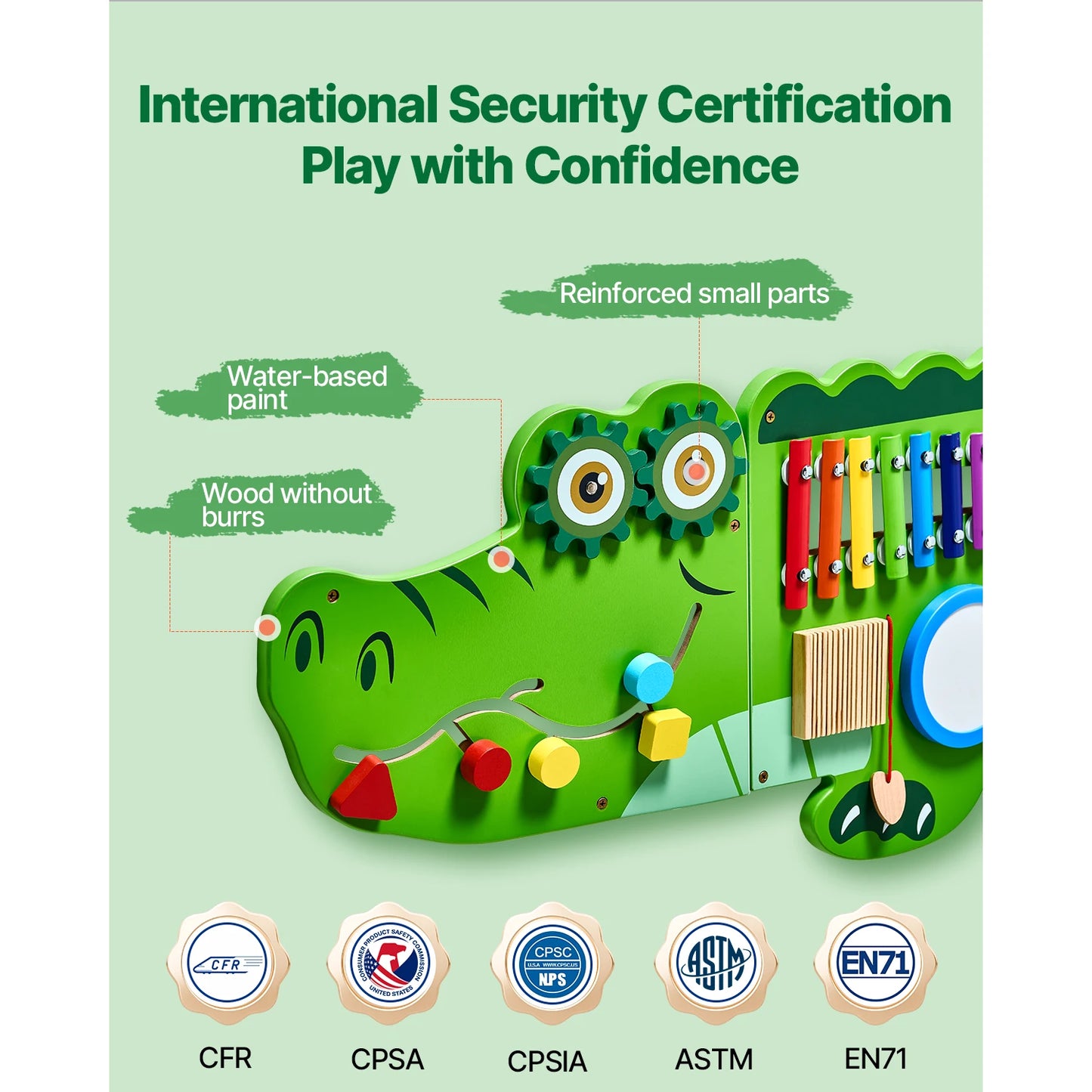 SucceBuy 9-Activities Crocodile Kids Busy Hanging Board Toy Montessori Early Learning Puzzle Decor Panels Toys for Children Gift