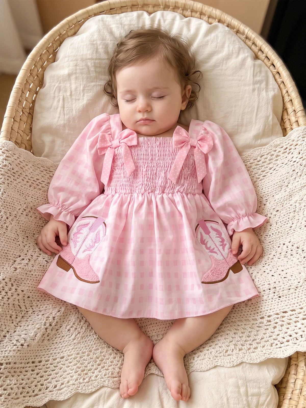 Line With Dress Bow-Decor Long Sleeve Square Long Little-Girl-Plaid Dress Long Plaid Little Girl Plaid