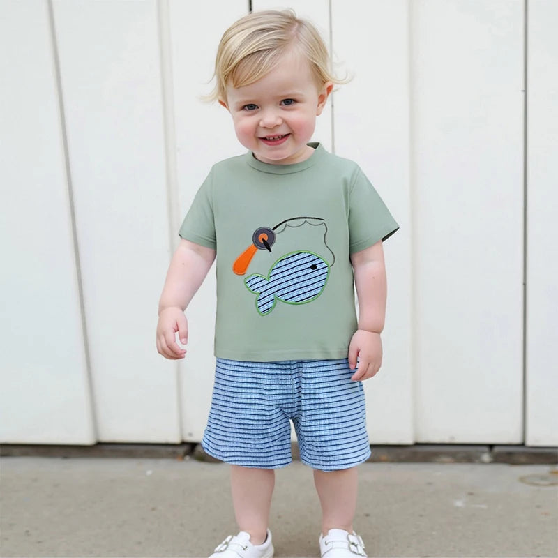 Boys Summer Outfit Set with Short Sleeve Fish Embroidery Top and Striped Shorts O Neck Design for Comfort