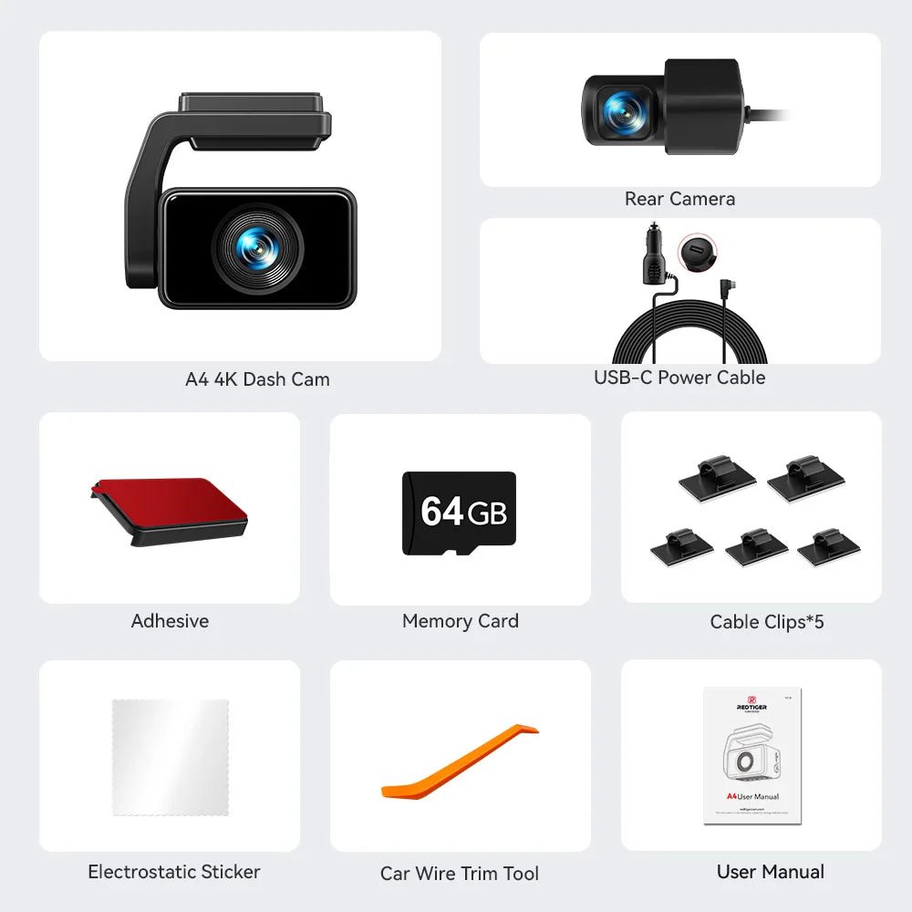 REDTIGER  Dash Camera Front and Rear 4k Dash Cam  Drive Recorder for WiFi GPS Car Dvr for 24H Parking Mode Black Box for Car