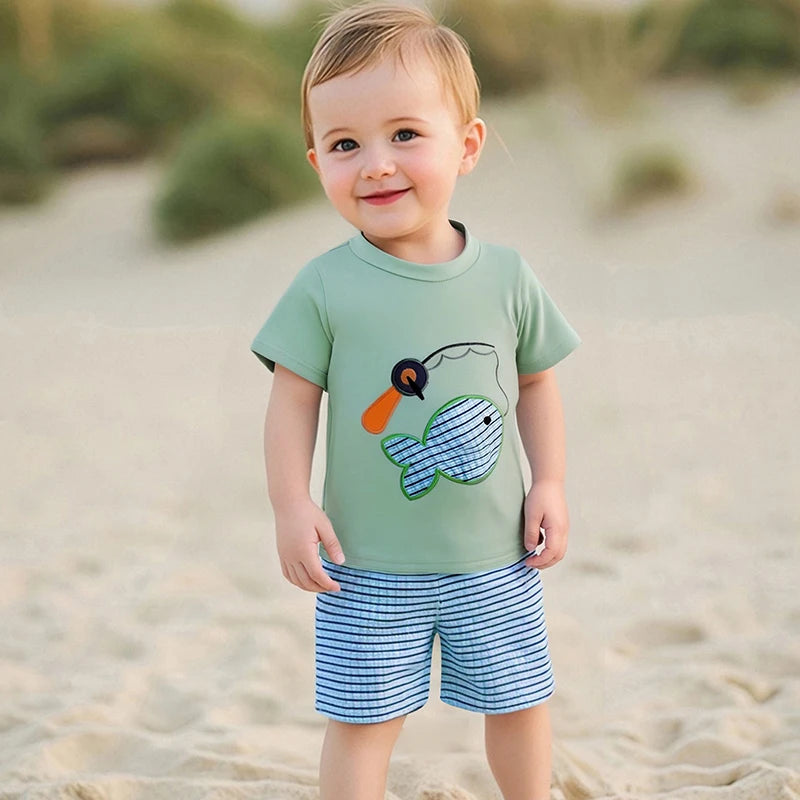 Boys Summer Outfit Set with Short Sleeve Fish Embroidery Top and Striped Shorts O Neck Design for Comfort