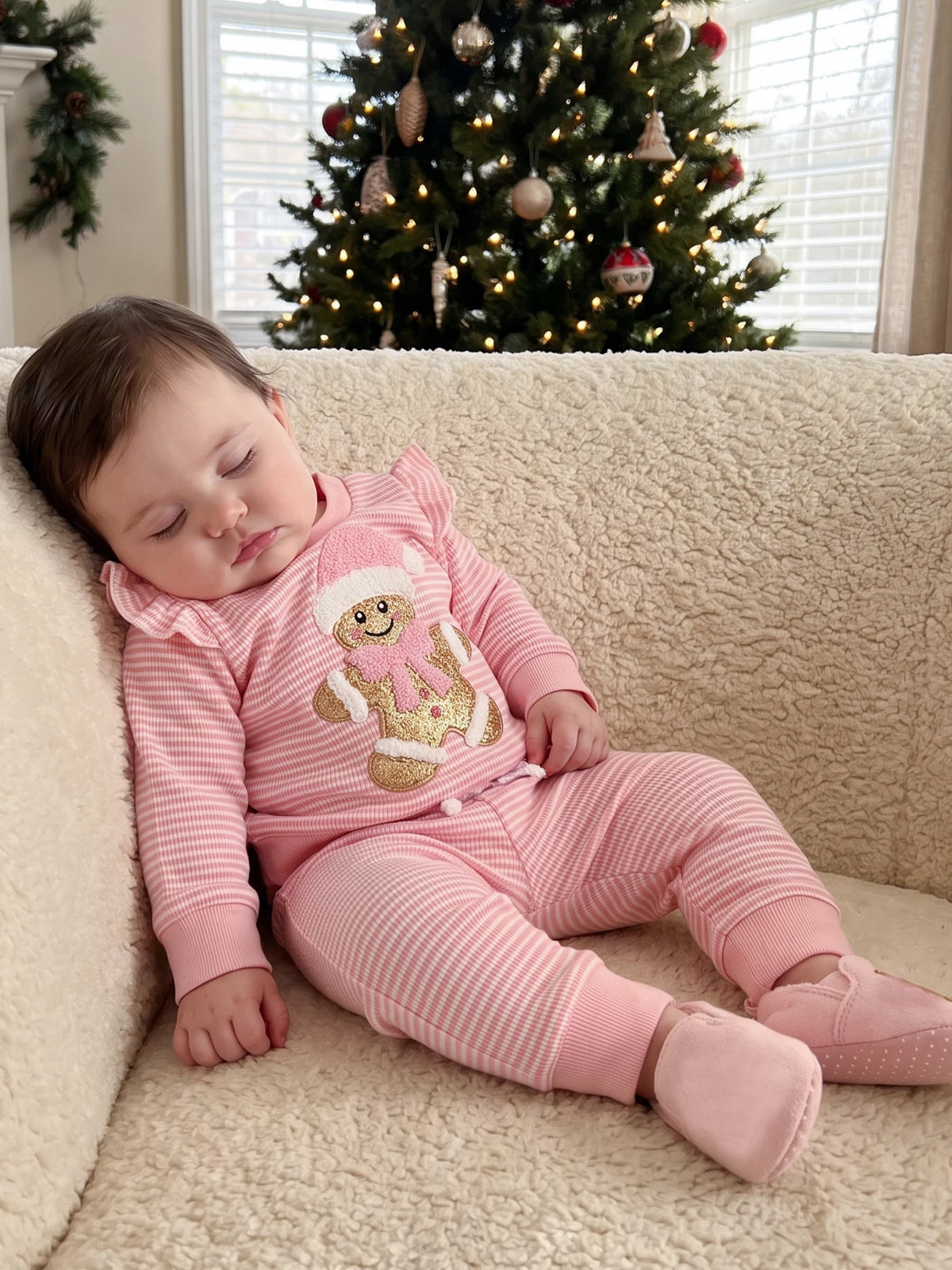 Outfits Sleeve Pullover Pants Pullover Sleeve Gingerbread Girl Christmas Outfits Embroidery Striped Pullover