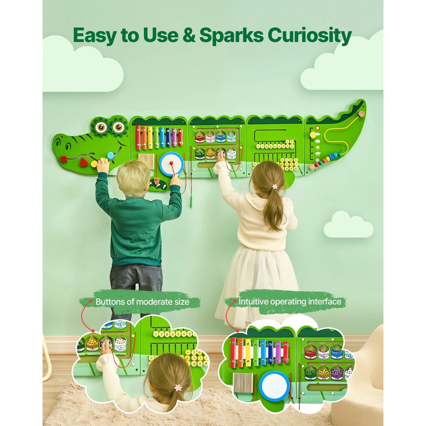 SucceBuy 9-Activities Crocodile Kids Busy Hanging Board Toy Montessori Early Learning Puzzle Decor Panels Toys for Children Gift