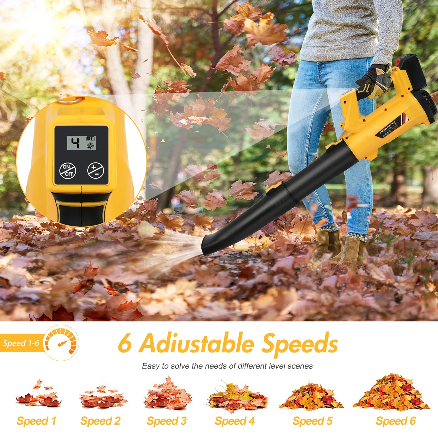 Cordless Leaf Blower Cleaner Electric Handheld 21V with 2 x 6.0Ah Batteries Fast Charger 170MPH 21000r/min 6-Speed for Lawn Care