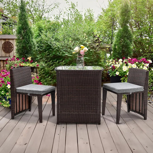 3 PCS Wicker Outdoor Patio Bistro Set, Patio Furniture Set for Small Space with Glass Top Table Dining Chairs, Balcony Furnitur