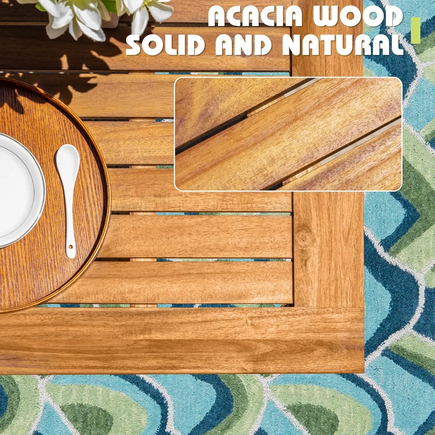 5 Piece Outdoor Dining Set Acacia Wood Patio Table and Chairs with Soft Cushions Patio Furniture for Deck, Backyard, Garden