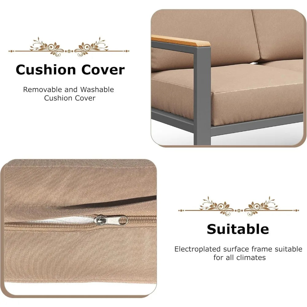 5-Piece Modern Patio Furniture Set with Fire Pit Table, Metal Outdoor Sectional with Cushions & Wood-Like Armrests, Cozy Con