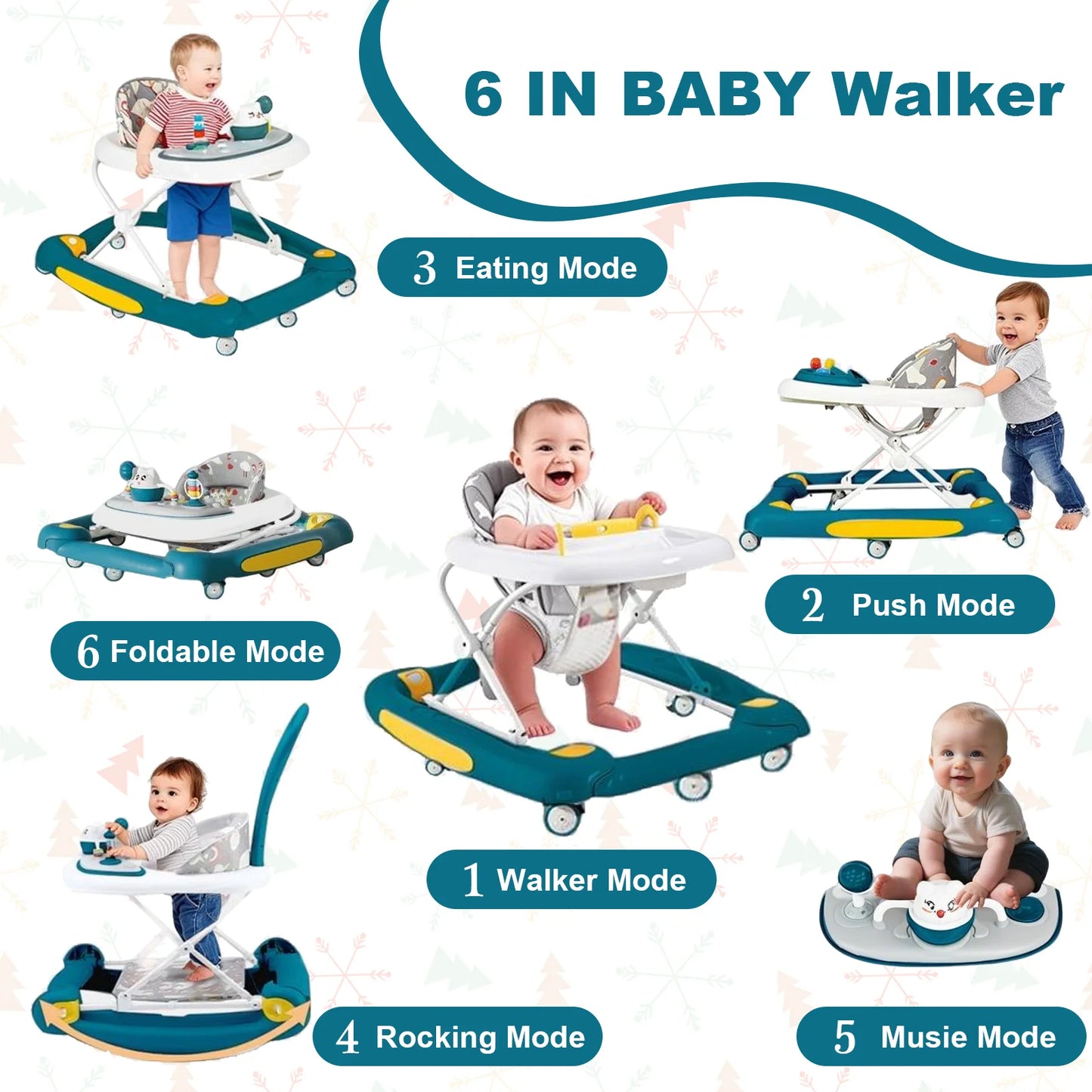 6 in 1 Baby Walker with Music,Lights,Spinning Wheels,Toy Rack,Pusher,Dining Tray For 7 Months Plus Kids Push Walker Antirollover